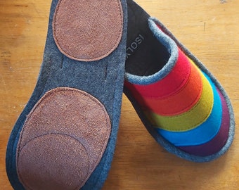 Men's/Unisex wide fit RAINBOW felt Slippers by Isolyn - Bright, Cheerful and very comfortable- made with pure lambs wool. Handmade in the UK