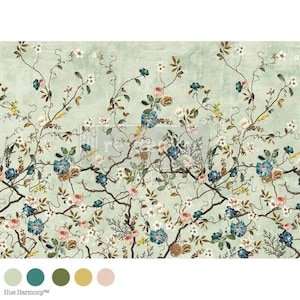 May include: A floral design featuring climbing vines with blue, pink, and white flowers against a pale green background. The design includes a variety of floral elements and is suitable for home decor or craft projects. The colour palette includes muted greens, blues, and pinks.