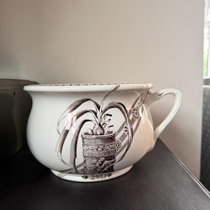 May include: A white ceramic chamber pot featuring a dark brown transferware print of a potted plant with long, drooping leaves. The vessel has a wide, flared rim with a geometric border pattern and a single curved handle on the right side.