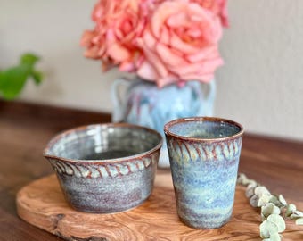 Handmade Matcha Set – Blue Ceramic Bowl, Cup, Golden Spoon