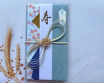 Japanese Wedding Gift Money Envelope, Elegant Noshi Bukuro, Handmade Blue Floral Celebration Card Luxury