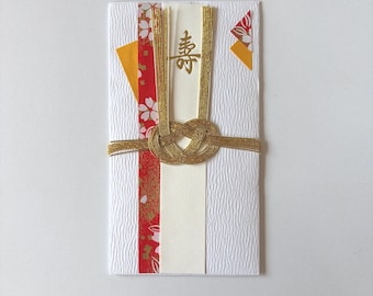 Handmade JAPANESE Shugi Bukuro – White Gold Mizuhiki Celebration Envelope Sakura Design
