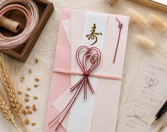 Japanese Mizuhiki Heart Wedding Envelope, Elegant Pink Gift Envelope, Handmade Luxury Noshi Bukuro, Romantic Cash Gift Holder