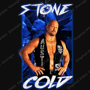 May include: A digital illustration of a wrestler with a shaved head wearing a black vest with a skull design and a silver chain. The background is blue with a white and black graphic text that reads "STONE COLD".