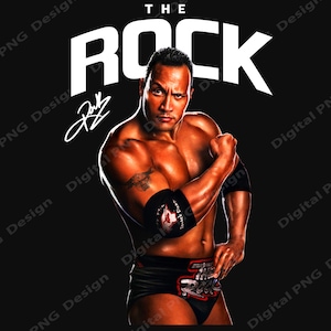 May include: A wrestler wearing black wrestling trunks with the words "The Rock" in red and white. He is flexing his bicep and has a tattoo on his arm. The background is black with the word "THE ROCK" in white.