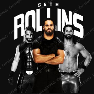 May include: A black and white graphic featuring three images of Seth Rollins. The word "SETH" is above the word "ROLLINS" in white block letters. The images of Seth Rollins are in various poses, wearing black clothing.