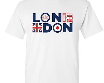 London England T shirt Union Jack Telephone and Bus Printed Adult Souvenir unisex regular fit T-shirts