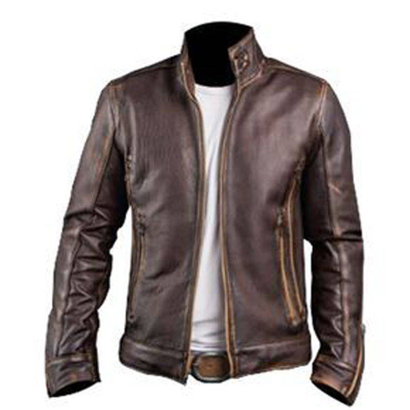 Image of Leather Jacket - Men's Cafe Racer Stylish Biker Brown Distressed Cowhide