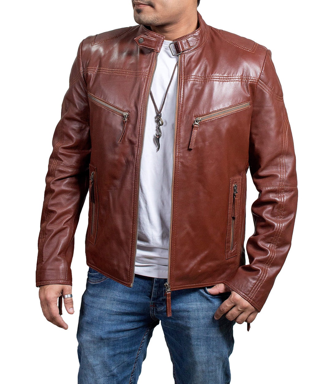 Mens brown Leather Motorcycle Jacket Men and Women - Etsy UK