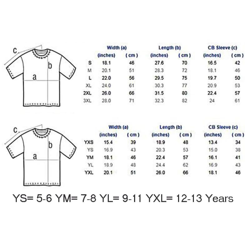 Size chart t-shirts