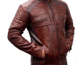 Cafe Racer Motorcycle Vintage Distressed Brown Waxed Biker Mens Leather Jacket