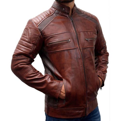 Mens Vintage Cafe Racer Biker Motorcycle Style Waxed Brown Biker Real Leather Jacket Mens Vintage Cafe Racer Biker Motorcycle Style Waxed Brown Biker Real Leather Jacket