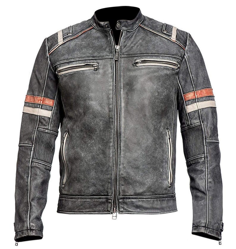 Men Vintage Biker Retro Motorcycle Cafe Racer Moto Distressed Leather Jacket
