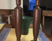 Bronze Silver Crest Signed Arts Crafts Candle Sticks