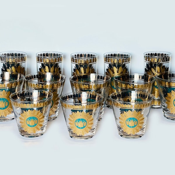 MidCentury Georges Briard Regalia Cocktail Glasses Gold Aqua Highball Old Fashioned Rocks Lowballs