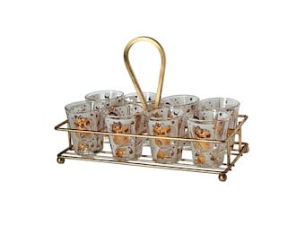 MidCentury Modern Shot Glass Set with Gold Caddy - Set of 8 MCM Gold Fleur-de-Lis Barware - Hollywood Regency Cocktail Set