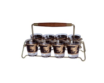 Midcentury Eagle Americana Black Gold Cocktail Shot Glasses - Set of 8 in Caddy