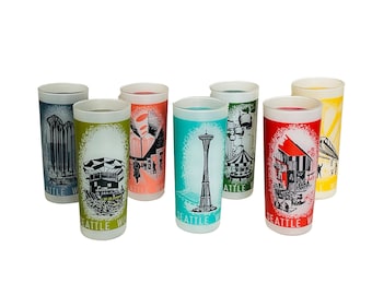 Midcentury Seattle World's Fair 1962 Frosted Highball Zombie Cocktail Glasses -  Set of 7