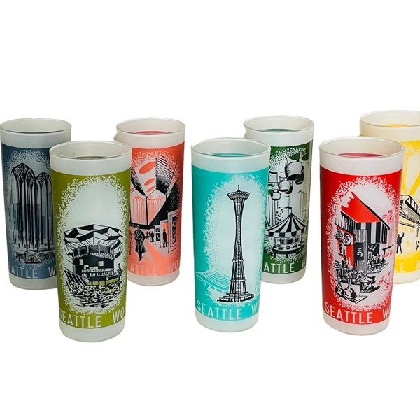 Midcentury Seattle World's Fair 1962 Frosted Highball Zombie Cocktail Glasses -  Set of 7