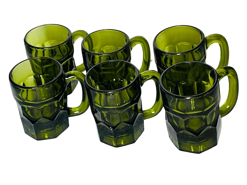 Midcentury Anchor Hocking Georgian Green Glass Mugs - Set of 6 bild 2