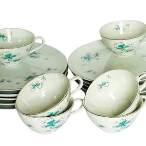 Vintage Shafford Maso Ware Atomic Aqua Butterfly Starburst Snack Sets Japan Geometric Cup Plate/Saucer