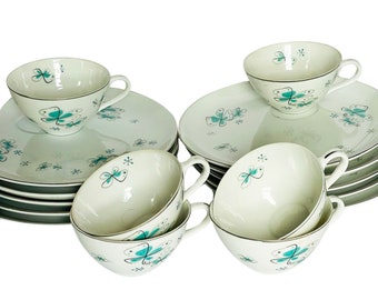 Vintage Shafford Maso Ware Atomic Aqua Butterfly Starburst Snack Sets Japan Geometric Cup Plate/Saucer