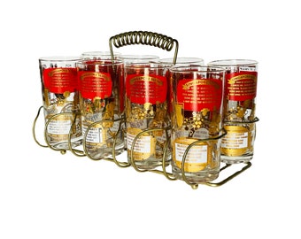 MidCentury Jeanette Glass Highball Cocktail Design Mixed Drinks Recipe Barware - Set of 8 Caddy