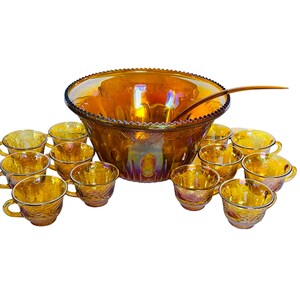 Vintage Indiana Carnival Punch Bowl Glass Harvest Gold Amber Punch Bowl 12 Cups