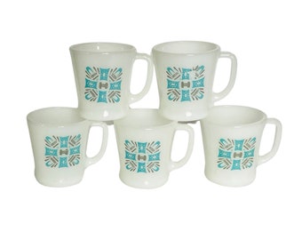 Fire King Blue Heaven Milk Glass Mugs - Set of 5