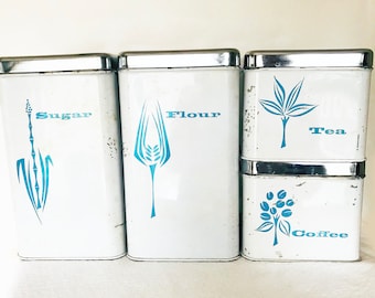 Lincoln Beautyware Metal Canisters MCM White Aqua - Set of 4