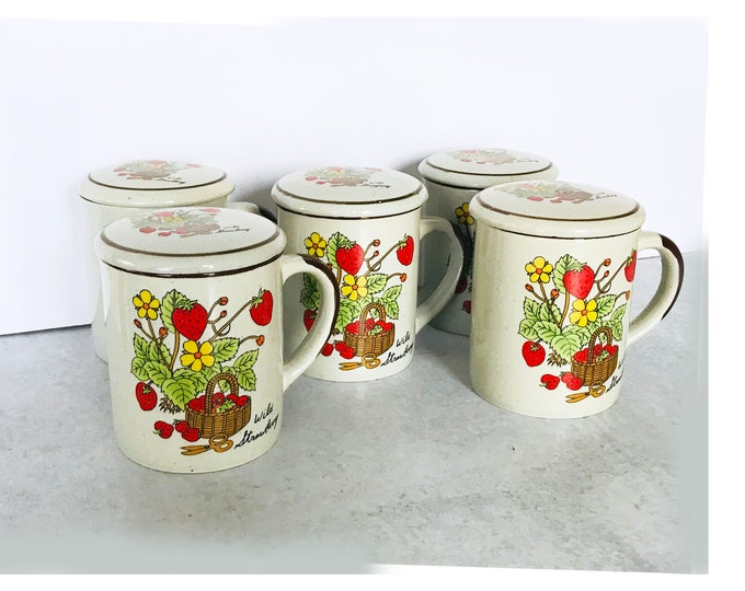 Vintage Stoneware Mug With Lid Wild Strawberry Set of 5 Etsy