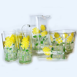 Culver Mod Flower Floral Picket Fence Pitcher Highball and Ice Bucket Cocktail Set - 8 Piece Set