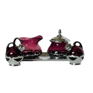 Farber Brothers Krome Kraft Cambridge Creamer Sugar Shaker Amythset Silver Set with Tray