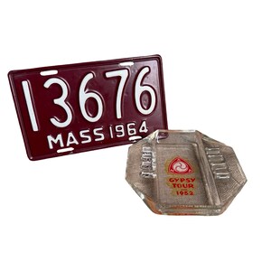Vintage Massachusetts Motorcycle Plate 1964 (Display) 1952 AMA Gypsy Tour Glass Ashtray Collectibles Motorcycle Memorabilia