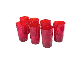 Midcentury Morgantown Seneca Crinkle Glass Tumblers Ruby Red 5.5" - Set of 7