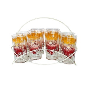 Federal Drinking Glasses / Tumblers Flower / Red Orange -  Set of 8 in Caddy