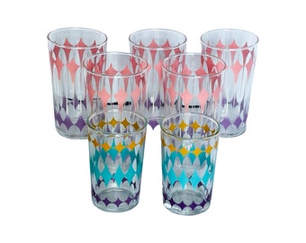 MidCentury Libbey Glasses Tumblers Ombre Diamond Design 5 Tall 2 Juice - Set of 7