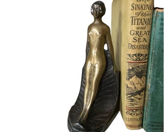 Vintage Art Deco Sculptural Nude Lady Shell Bronze Bookend