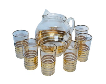 Vintage Pitcher Tumbler Cocktail Glasses 22kt Gold Stripes MacBeth Evans Hollywood Regency - 7 Piece Set