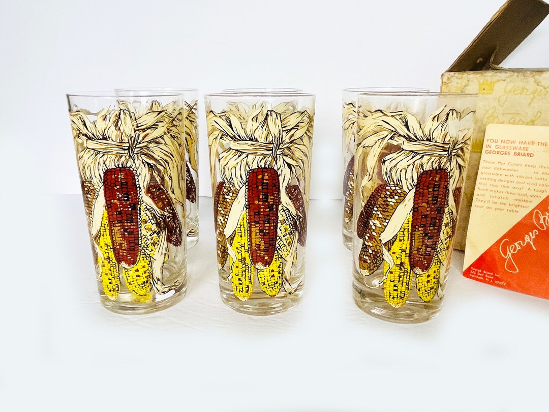 Midcentury Briard Highball Glasses / Tumblers Indian Corn Design Set of 6 Original Box