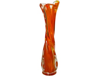 MidCentury Art Glass Twisted Orange Swung Stretch Bud Vase