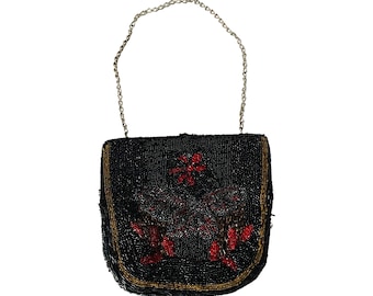 Vintage Beaded Evening Handbag Purse Clutch Butterfly Motif Red Black