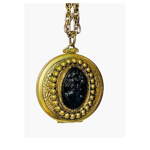 Victorian Revival Photo Locket Necklace Black Cameo Gothic Mourning Jewelry Vintage