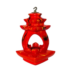 MidCentury Hanging Pagoda Ashtray Orange and Black Lava Drip Glaze Ceramic