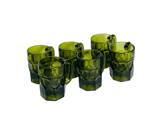 Midcentury Anchor Hocking Georgian Green Glass Mugs - Set of 6
