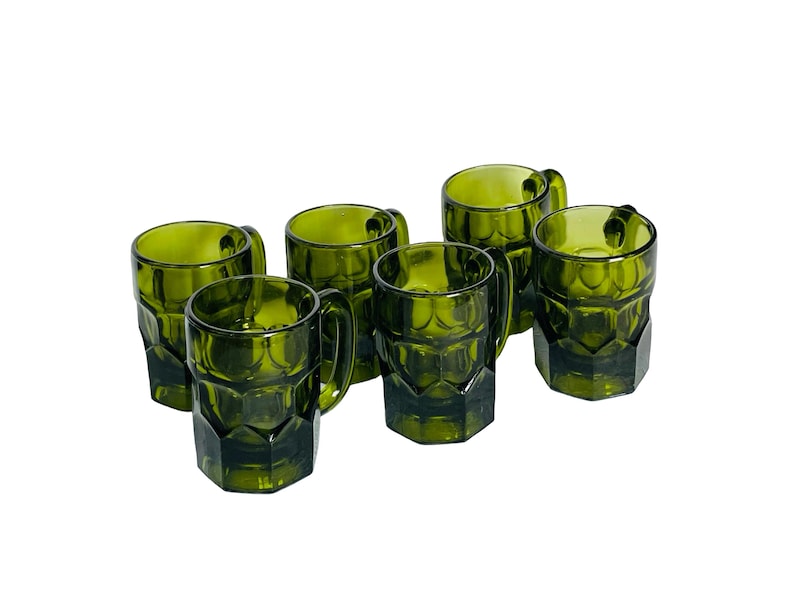 Midcentury Anchor Hocking Georgian Green Glass Mugs - Set of 6 bild 1