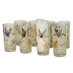 Fred Press MidCentury Modern Maple Leaf Foliage White Gold Highball Cocktail Glasses - Set of 8