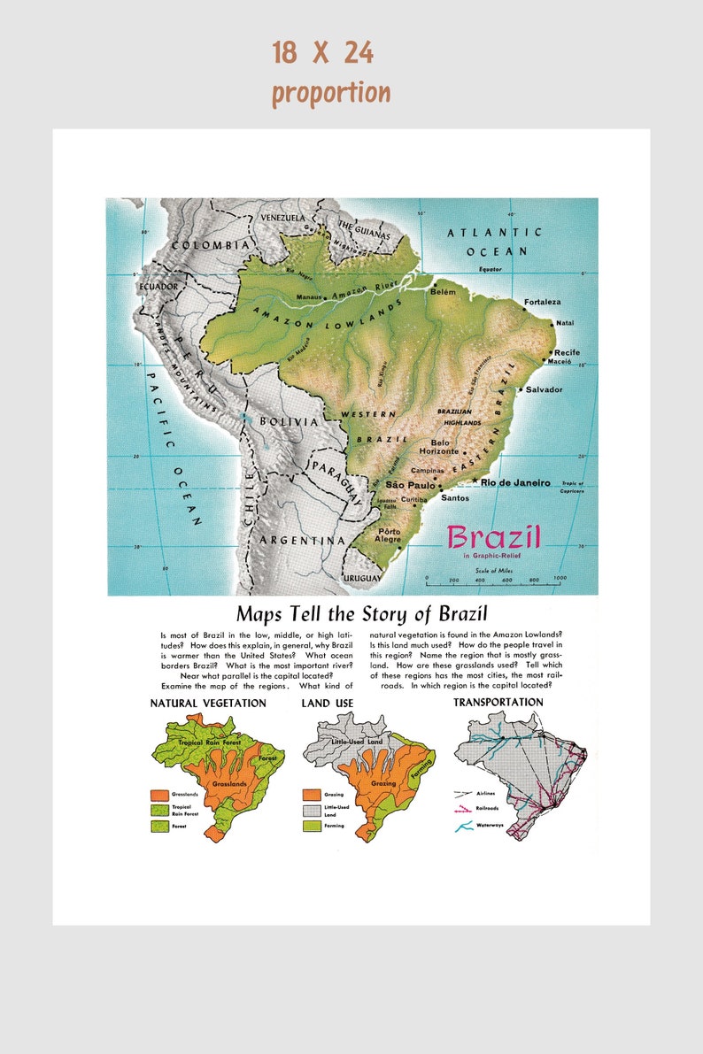 DOWNLOADABLE Classroom Terrain Map of BRAZIL Vintage Geography Poster