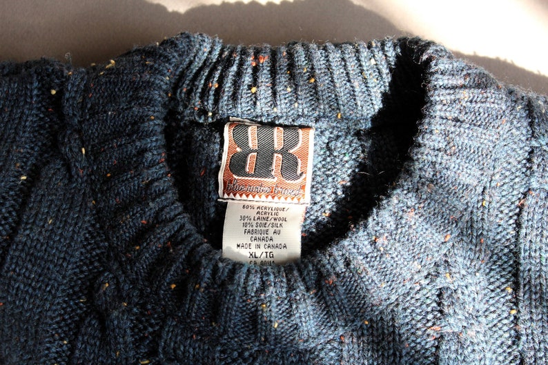 yellow orange size EXTRA LARGE crew neck Blue Rodeo Brand warm unisex wear and ivory specks 1990s speckled teal wool blend sweater