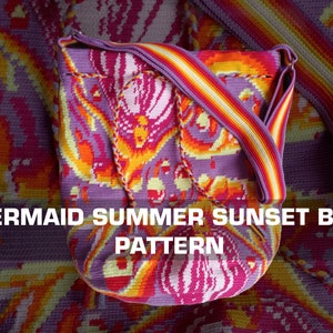 May include: A purple crochet bag with a colourful sunset pattern and a long strap. The bag is labelled "Mermaid Summer Sunset Bag Pattern".